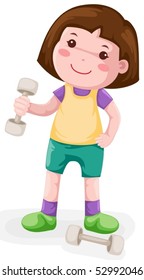 illustration of isolated little girl lifting weight on white background