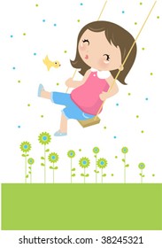 Illustration of isolated little girl on a swing