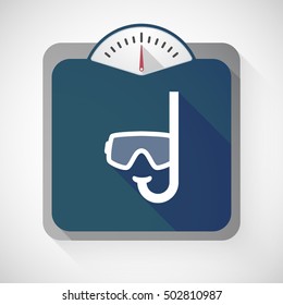 Illustration of an isolated long shadow body weight scale with  a diving goggles