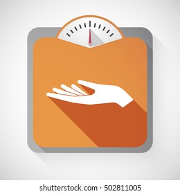 Illustration of an isolated long shadow body weight scale with  a hand offering