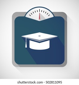 Illustration of an isolated long shadow body weight scale with  a graduation cap