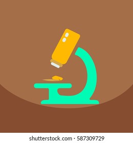 Illustration of an isolated long shadow green leaf sign with a microscope icon
