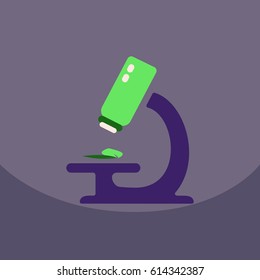 Illustration of an isolated long shadow green leaf sign with a microscope icon