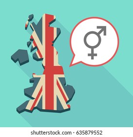 Illustration of an isolated long shadow United Kingdom map with its flag and a bigender symbol
