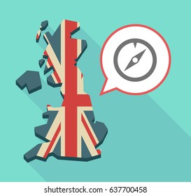Illustration of an isolated long shadow United Kingdom map with its flag and a compass
