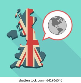 Illustration of an isolated long shadow United Kingdom map with its flag and an America region world globe