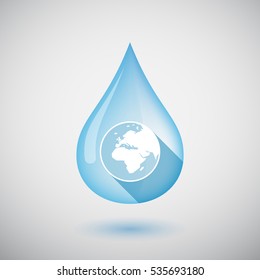 Illustration of an isolated long shadow  water drop with   an Asia, Africa and Europe regions world globe