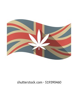 Illustration of an isolated long shadow waving Union Jack United Kingdom flag with a marijuana leaf