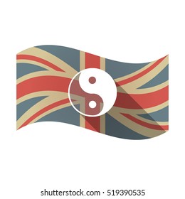 Illustration of an isolated long shadow waving Union Jack United Kingdom flag with a ying yang