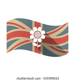 Illustration of an isolated long shadow waving Union Jack United Kingdom flag with a flower