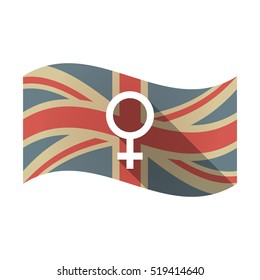 Illustration of an isolated long shadow waving Union Jack United Kingdom flag with a female sign