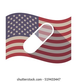 Illustration of an isolated long shadow waving United States of America flag with a pill