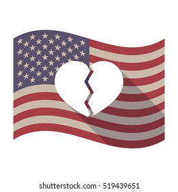 Illustration of an isolated long shadow waving United States of America flag with a broken heart