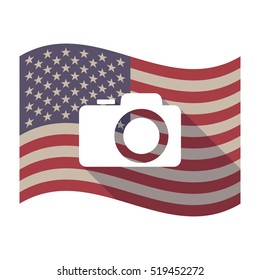 Illustration of an isolated long shadow waving United States of America flag with a photo camera