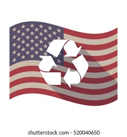 Illustration of an isolated long shadow waving United States of America flag with a recycle sign