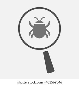 Illustration of an isolated magnifier icon with a bug