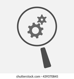 Illustration of an isolated magnifier icon with two gears