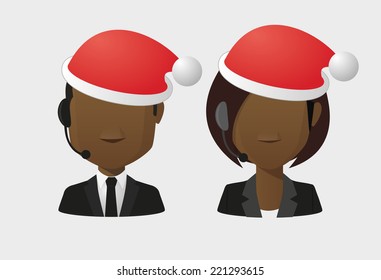 Illustration of an isolated male and female operator wearing a santa hat avatars set