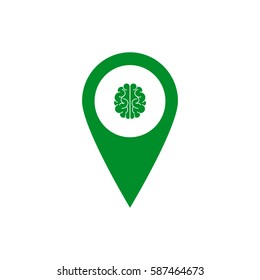 Illustration of an isolated map mark with a brain icon on white background. Green icon.