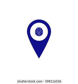 Illustration of an isolated map mark with a brain icon. Blue icon