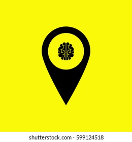 Illustration of an isolated map mark with a brain icon. Black icon on yellow background