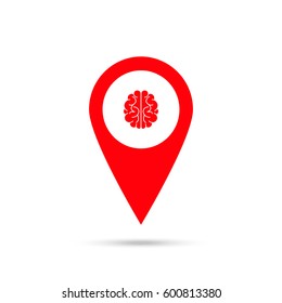 Illustration of an isolated map mark with a brain icon. Red icon and gray shadow