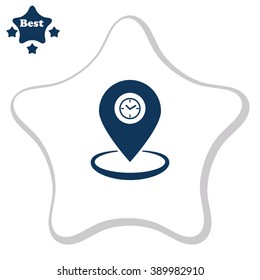 Illustration of an isolated map mark with a clock vector icon. Gps symbol.