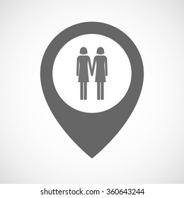 Illustration of an isolated map marker with a lesbian couple pictogram