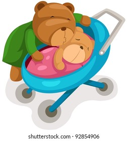 illustration of isolated mother bear kissing baby in pram on white