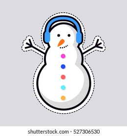 Illustration of isolated New Year snowman with blue earphones on head. Cut out of paper. Front view. Snowman with raised hands and orange carrot nose. Colourful buttons. Flat design. Vector.