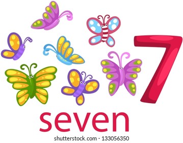 illustration of isolated number 7 character with butterflies