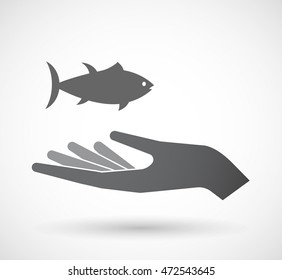 Illustration of an isolated offerign hand icon with  a tuna fish