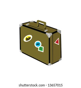 Illustration of an isolated old style suitcase, with stickers on it