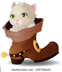 Illustration isolated on transparent background. Kitten sitting in a boot with lapels and spurs.
