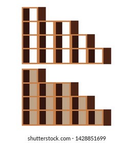 Illustration of isolated on white background element of home or office furniture - empty rack icon set. Flat design interior vector illustration. Wooden shelving with or without back wall.