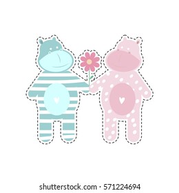 illustration isolated on white background. hippopotamus Sticker, patches in cartoon 80s-90s pop-art style.