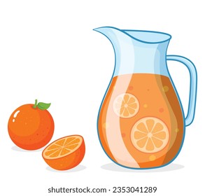 illustration of isolated orange and fresh orange juice in a pitcher