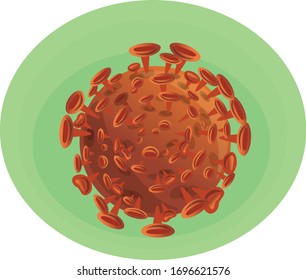 Illustration isolierter orangefarbener mikroskopischer Elemente von Coronavirus - SARS-CoV-2 Bakterien auf grünem Hintergrund