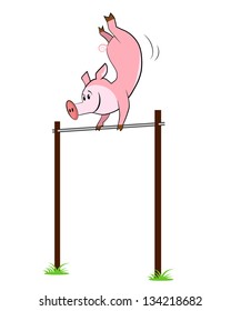 Illustration of isolated pig hangs on a horizontal bar