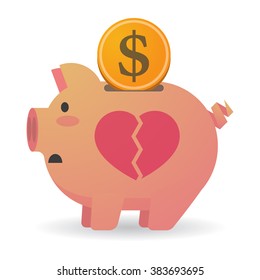 Illustration of an isolated piggy bank with a broken heart