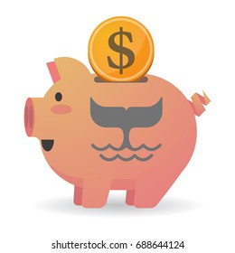 Illustration of an isolated piggy bank with a dollar coin and a whale tail