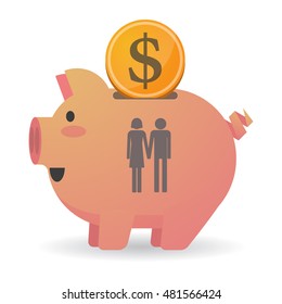 Illustration of an isolated piggy bank icon with a heterosexual couple pictogram