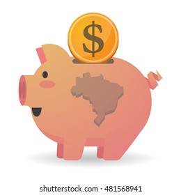 Illustration of an isolated piggy bank icon with  a map of Brazil