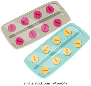 illustration of isolated pills with blister pack on white