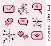 illustration isolated pixel icons for love concept. Retro, 8 bit, pastel arcade game style.Letter, heart, dialogue, bubble, sparkle. For game, mobile app,scrapbook, graphic