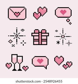 ilustração ícones de pixel isolados para o conceito de amor. Retro, 8 bits, pastel arcade jogo style.Letter, coração, presente, presente, champanhe, diálogo, brilho. Para jogo, aplicativo móvel, scrapbook, gráfico