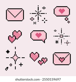 Ilustración Iconos de píxeles aislados para el concepto de amor. Retro, 8 bit, pastel arcade juego style.Letter, corazón, diálogo, burbuja, chispa. Para el juego, App móvil, scrapbook, gráfico