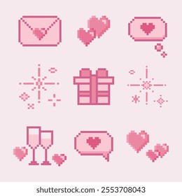 illustration isolated pixel icons for love concept. Retro, 8 bit, pastel arcade game style.Letter, heart, present, gift, champagne, dialogue, sparkle. For game, mobile app,scrapbook, graphic