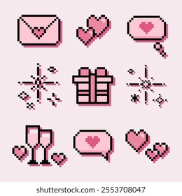 illustration isolated pixel icons for love concept. Retro, 8 bit, pastel arcade game style.Letter, heart, present, gift, champagne, dialogue, sparkle. For game, mobile app,scrapbook, graphic