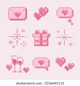 illustration isolated pixel icons for love concept. Retro, 8 bit, pastel arcade game style.Letter, heart, present, gift, champagne, dialogue, sparkle. For game, mobile app,scrapbook, graphic